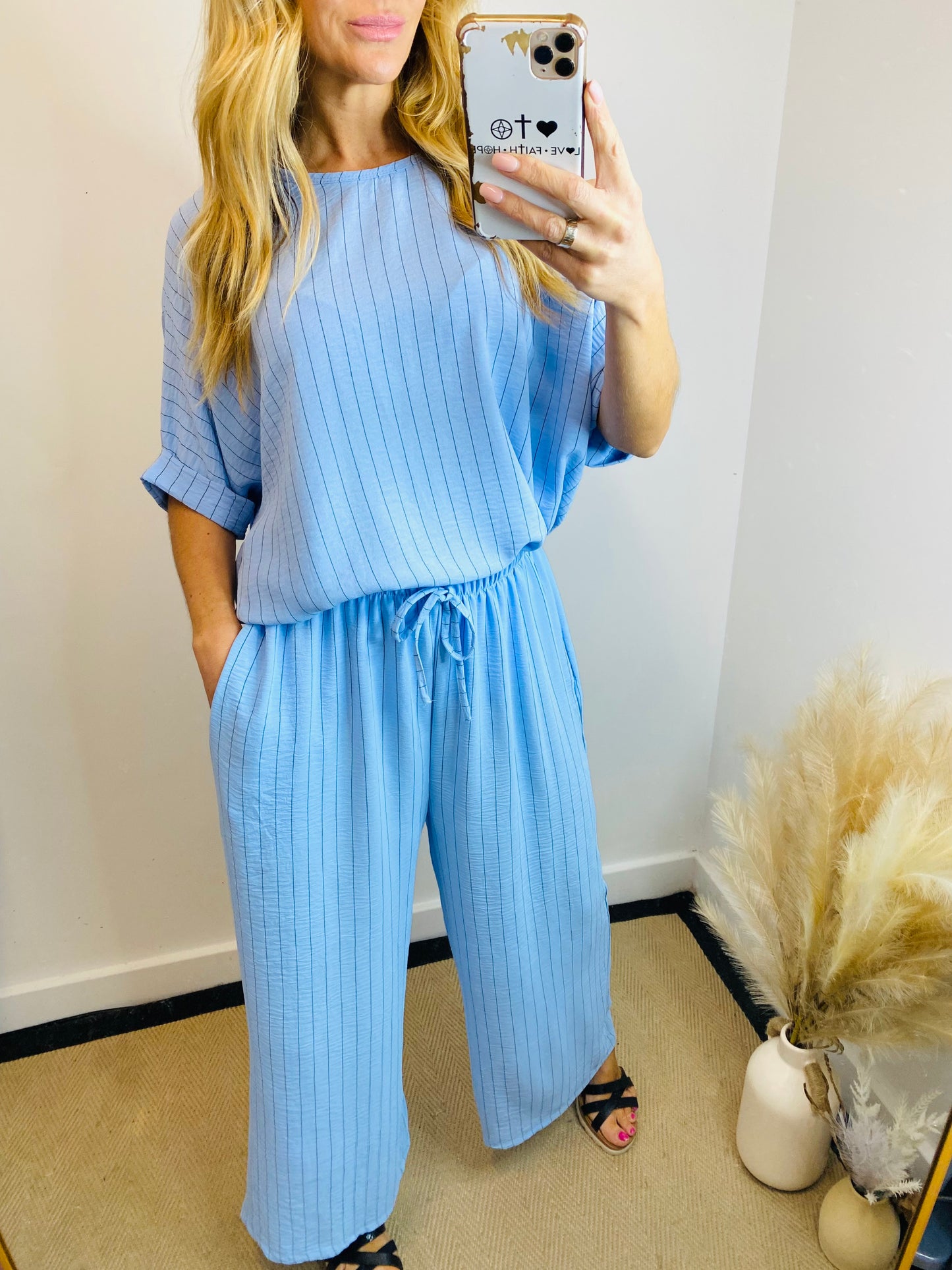 LOU - Elasticated Waist Wide Leg Trouser In Pale Blue (CLEARANCE)