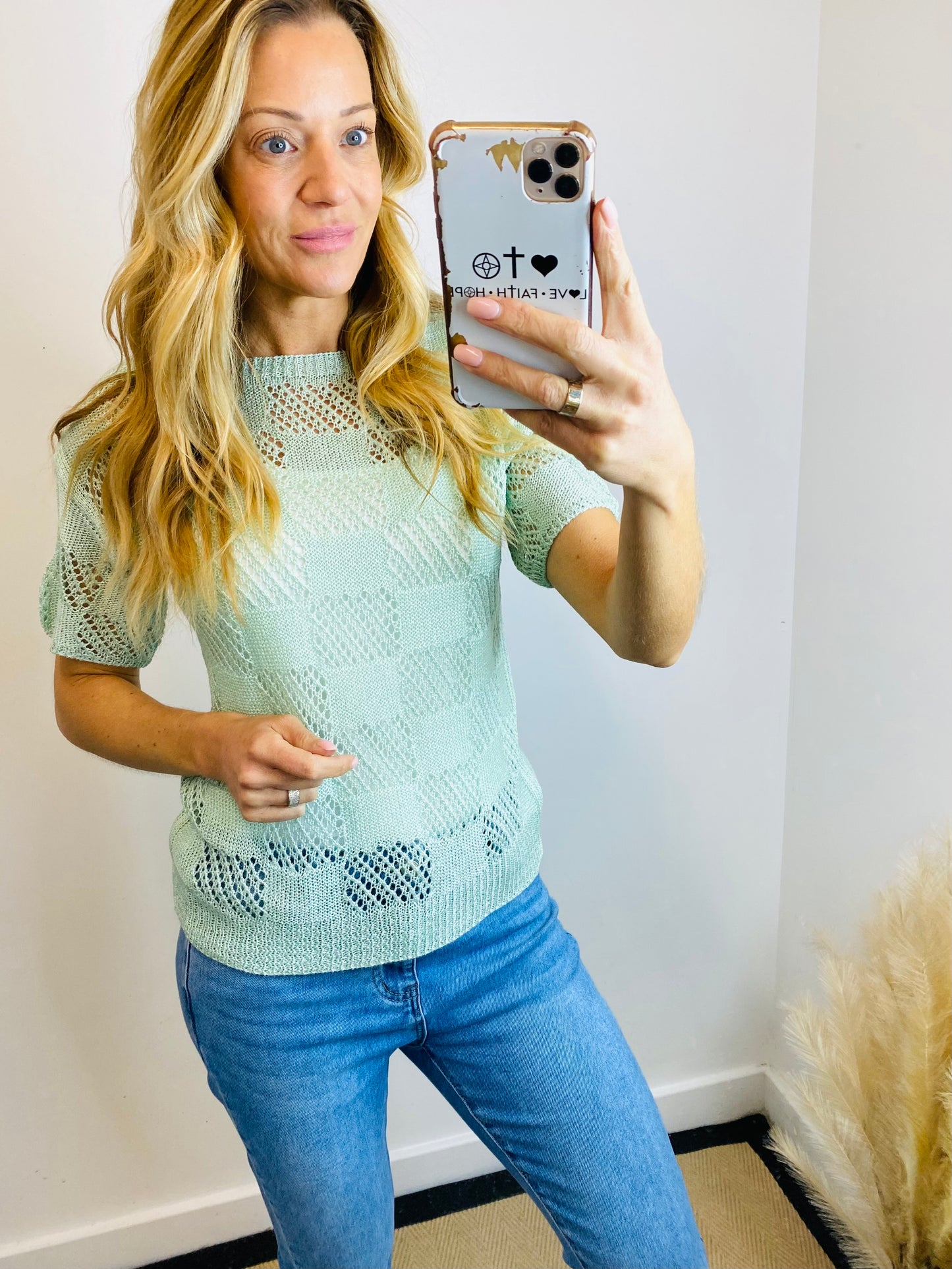 ZEENA - Fine Knit Short Sleeve Top In Mint Green (CLEARANCE)
