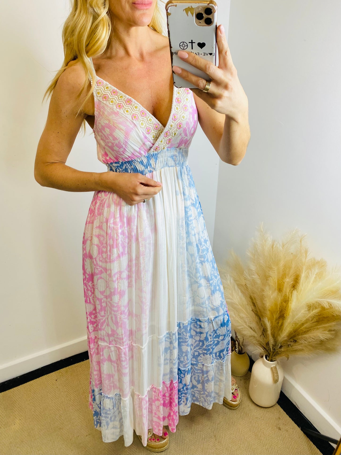 SOFIA - Pastel Floral Multi Print Strap Maxi Dress In Pink & Blue