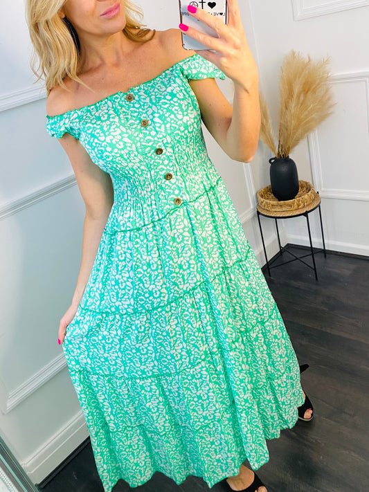 THEA - Green Sleeveless Bardot Maxi Dress