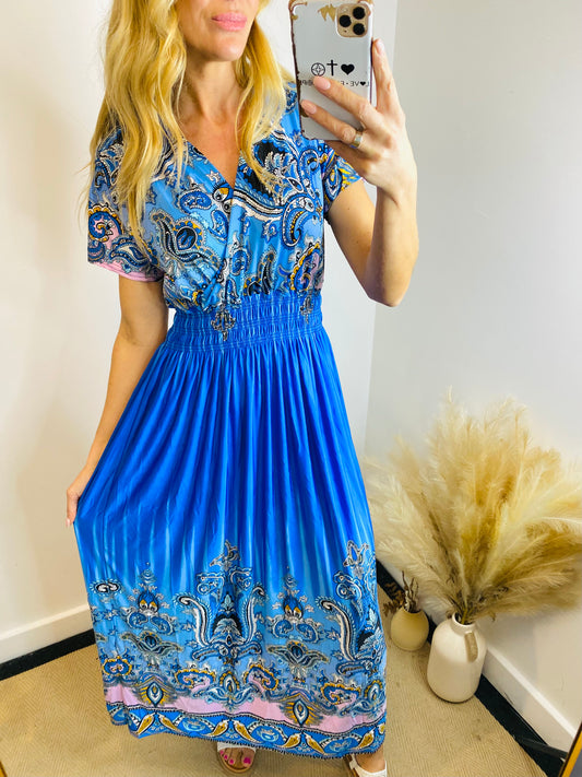 AVA - Capped Sleeve Elasticated Maxi Dress In Hot Pink (CLEARANCE)