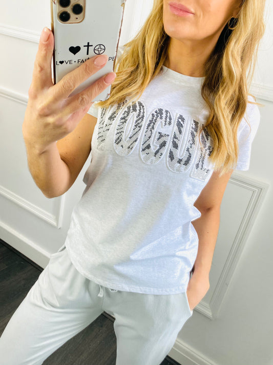 VOGUE - Grey Fitted Style Gemstone T-Shirt