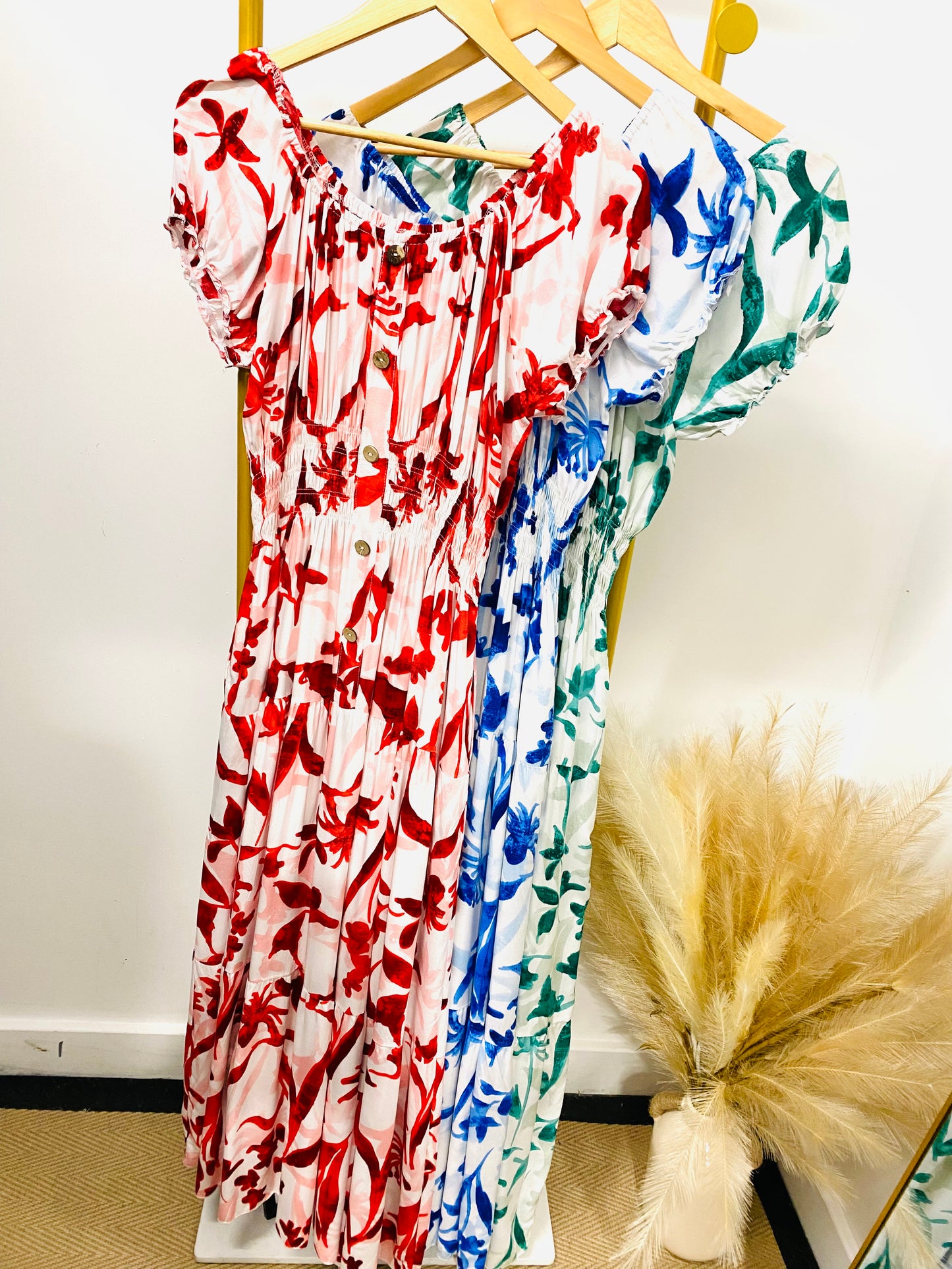 ANNALISE - Button Print Floral Short Sleeve Bardot Maxi Dress