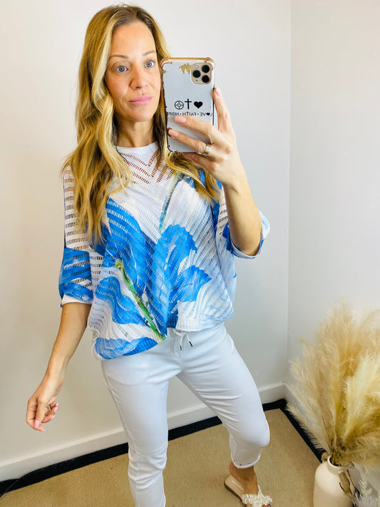 MAPLE - Floral Print Crochet Style Jumper In Blue