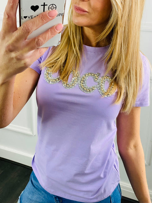 COCO - Lilac Fitted Style Diamante T-Shirt