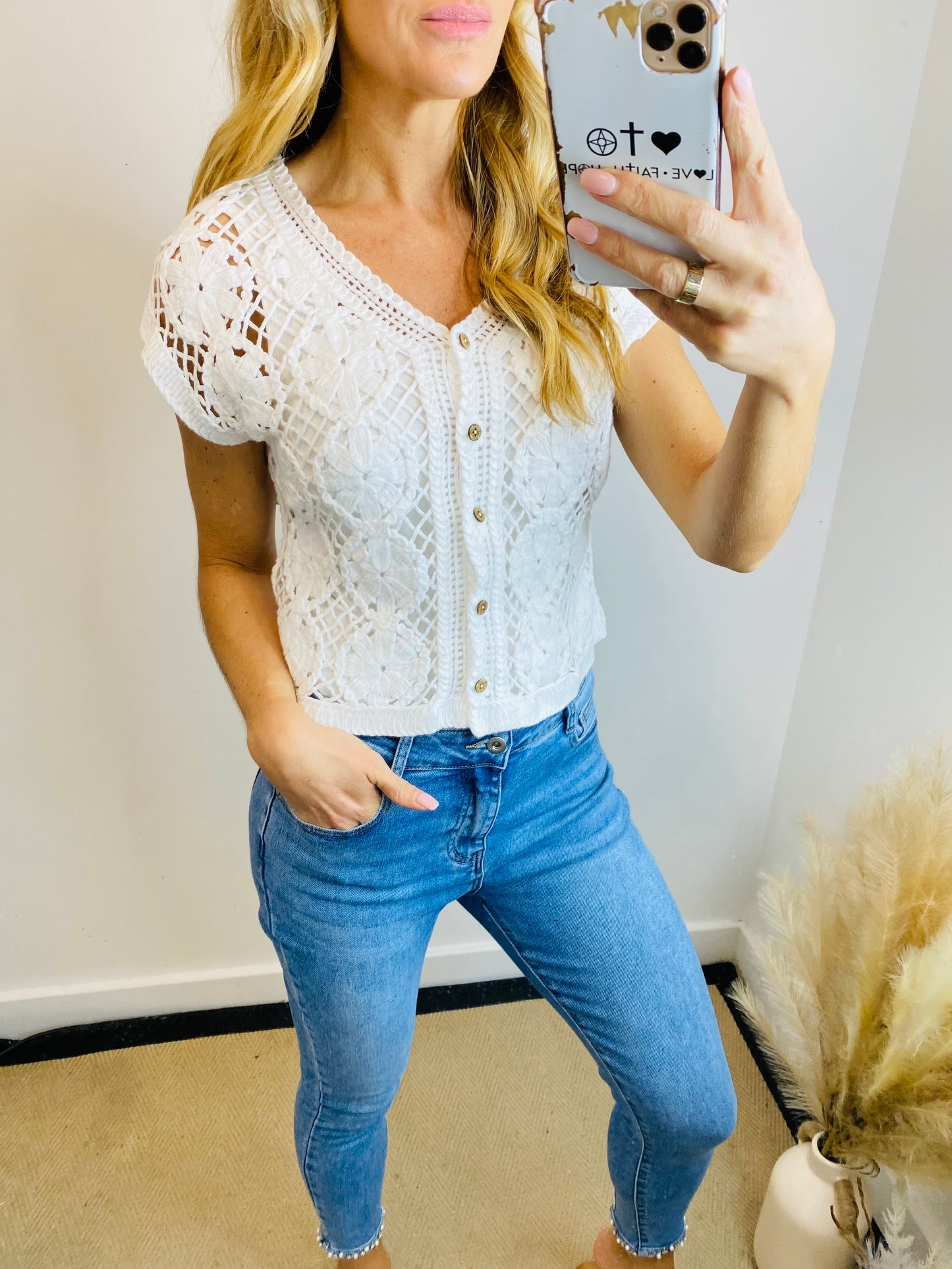 ELSA - Cotton Crochet Cap Sleeve Cardigan In White