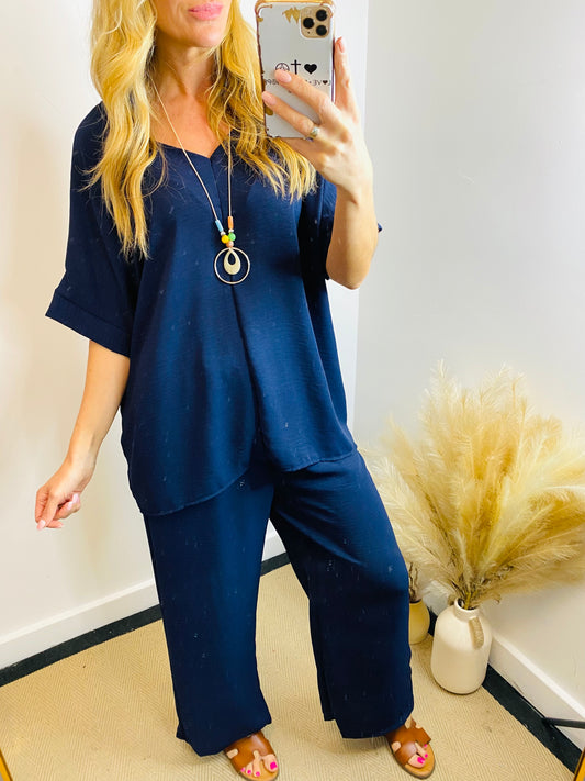 TIFFANY - V Neck Short Sleeve Necklace Co-ord Set In Navy