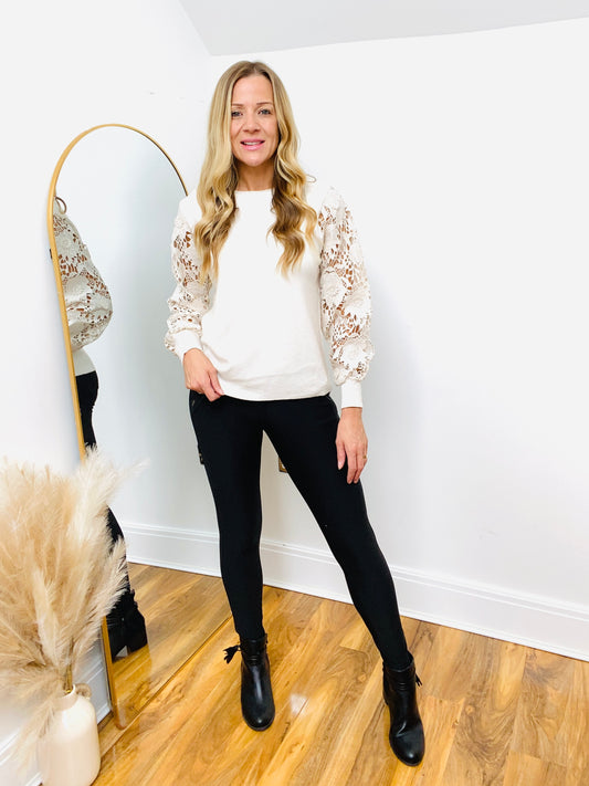 LYLA - Cream Lace Sleeve Thin Knit Top