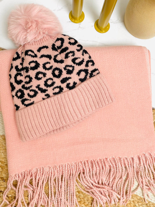 BUNDLE 1 - Pink Leopard Hat & Pink Plain Scarf