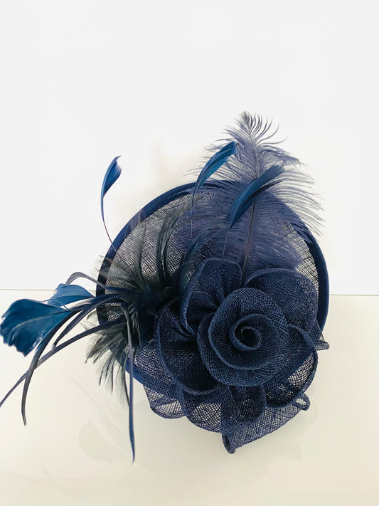 FASCINATOR - Navy Feather & Rose