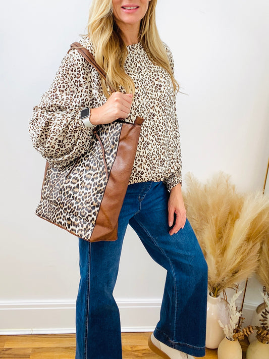 SADIE - Tan Leopard Faux Leather Shopper Bag With Insert Pouch