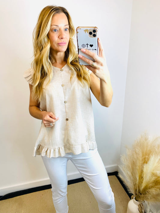 CATE - Linen Blend Button Frill Sleeveless Top In Beige