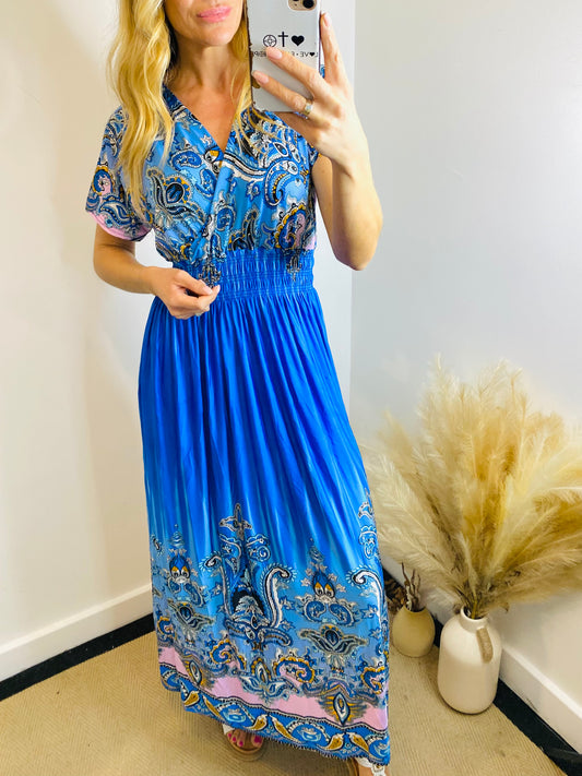 AVA - Capped Sleeve Elasticated Maxi Dress In Blue
