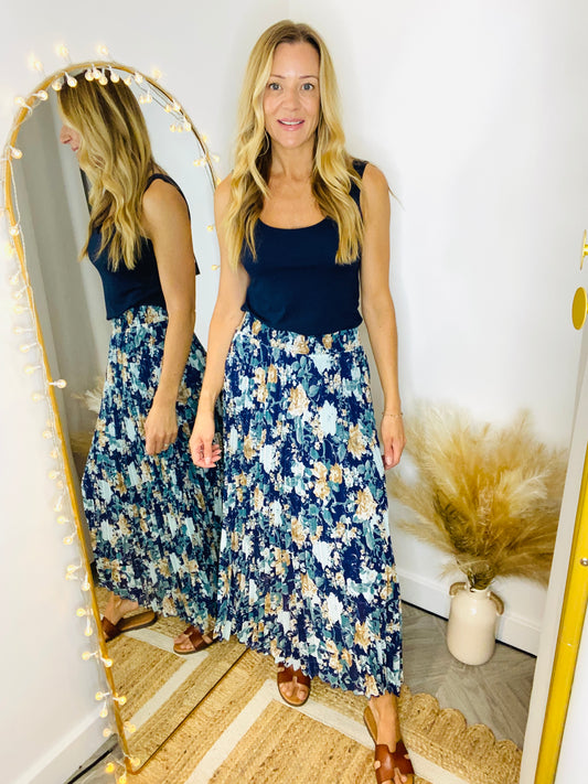 FREYA - Pleated Floral Print Maxi Skirt In Navy