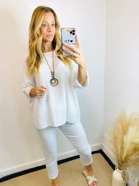PETAL - Cheesecloth Necklace Top In White