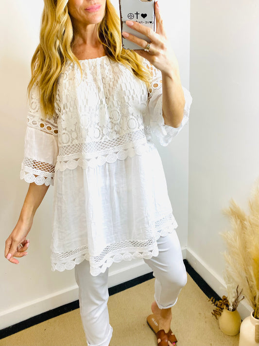 JAYA - Crochet Bardot Top In White