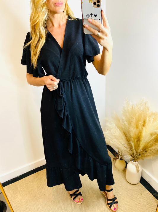 DARA - Plain Ruffe Wrap Style Dress In Black