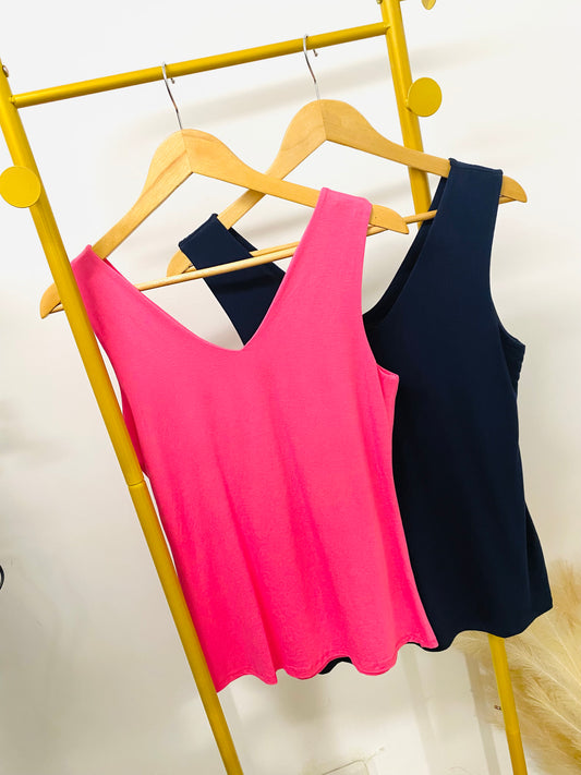 VIOLET - Double Layer V Neck Vest Top In Hot Pink