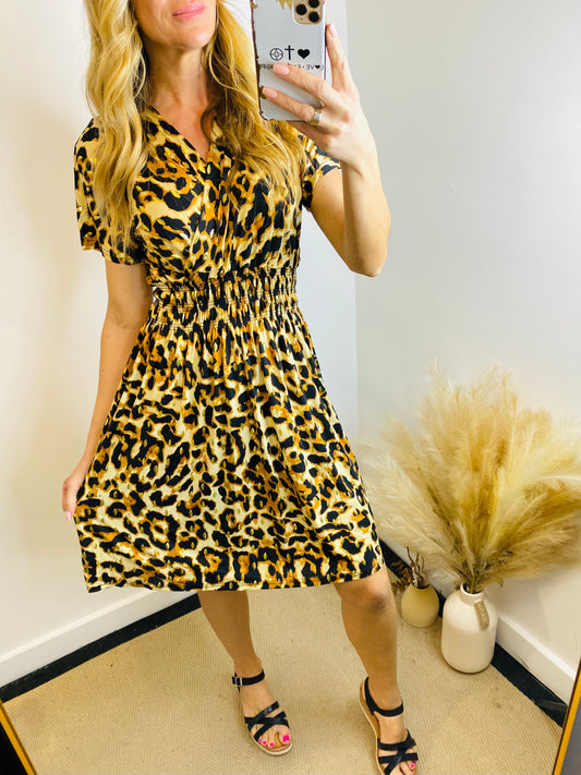 LIBBY - Leopard Print With Gold Fleck Midi Capped Sleeve Dress