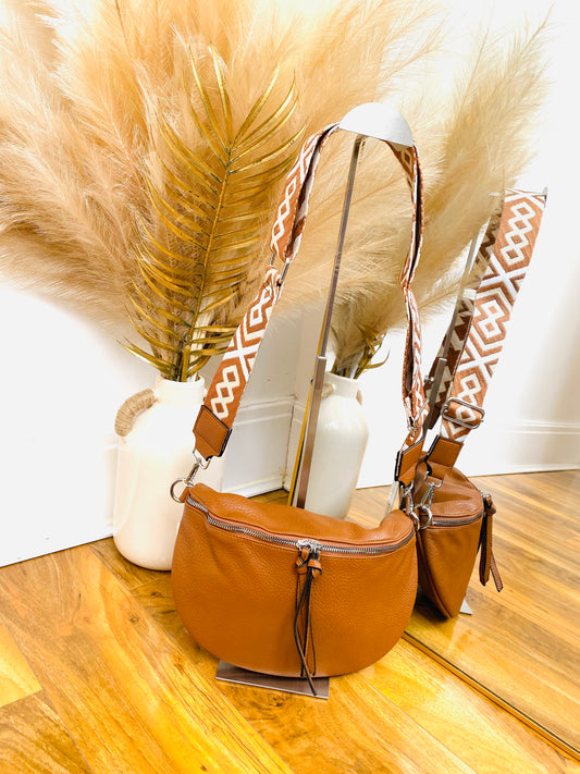 CASSEY - Tan Faux Leather Cross Body Bum Bag With Canvas Strap