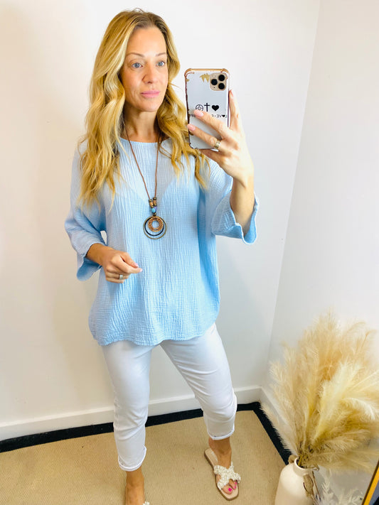 PETAL - Cheesecloth Necklace Top In Blue