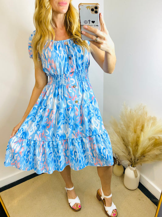 IDA - Bardot Print Short Sleeve Midi Dress In Blue