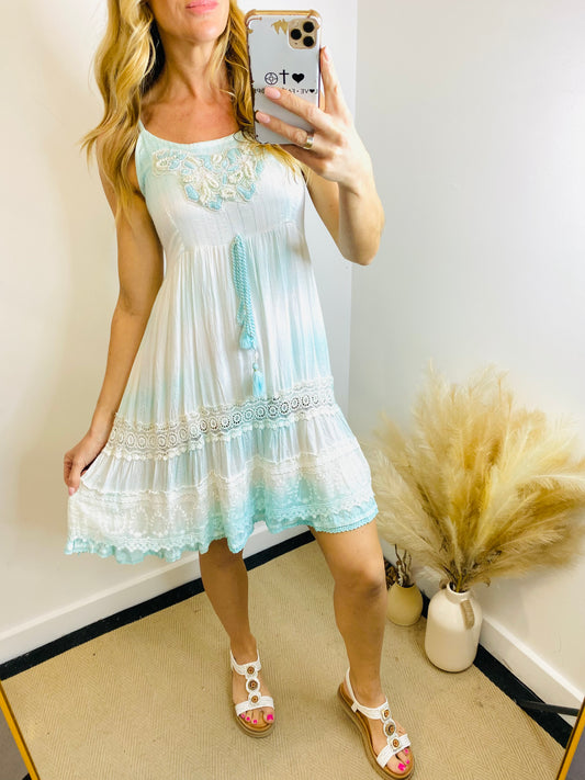 MELODY - Boho Spaghetti Strap Short Dress In Aqua