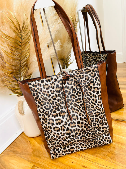 SADIE - Tan Leopard Faux Leather Shopper Bag With Insert Pouch