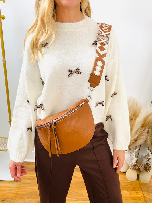 CASSEY - Tan Faux Leather Cross Body Bum Bag With Canvas Strap
