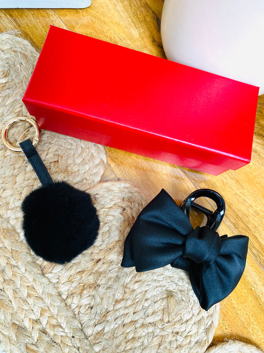 BUNDLE 9 - Boxed Black Double Bow Claw Clip & Pom Pom Keyring