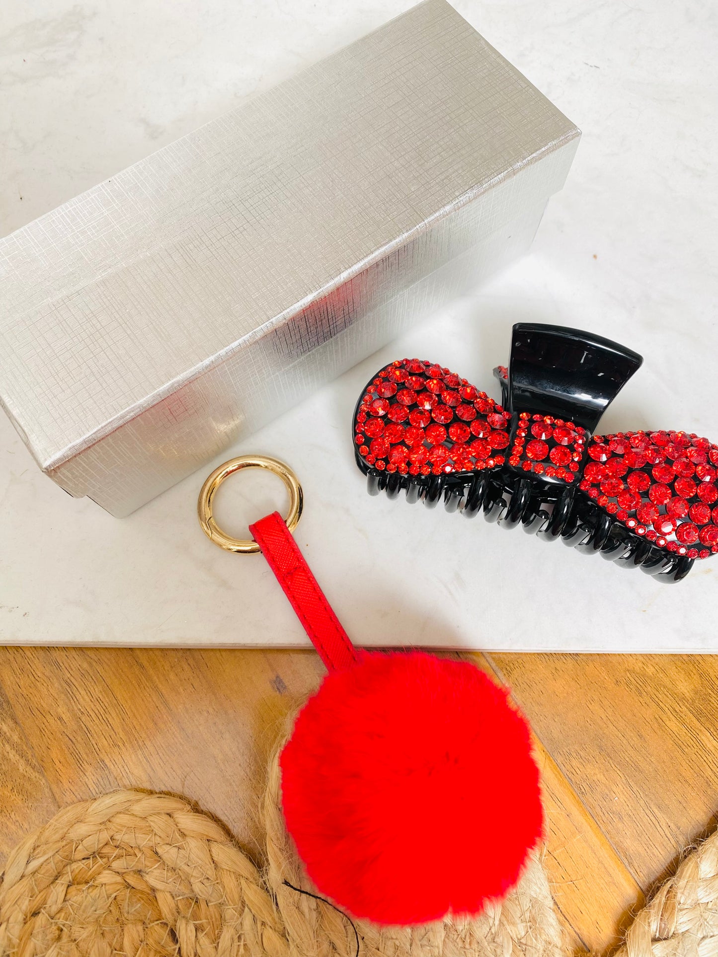 BUNDLE 11 - Boxed Red Diamante Claw Clip & Pom Pom Keyring