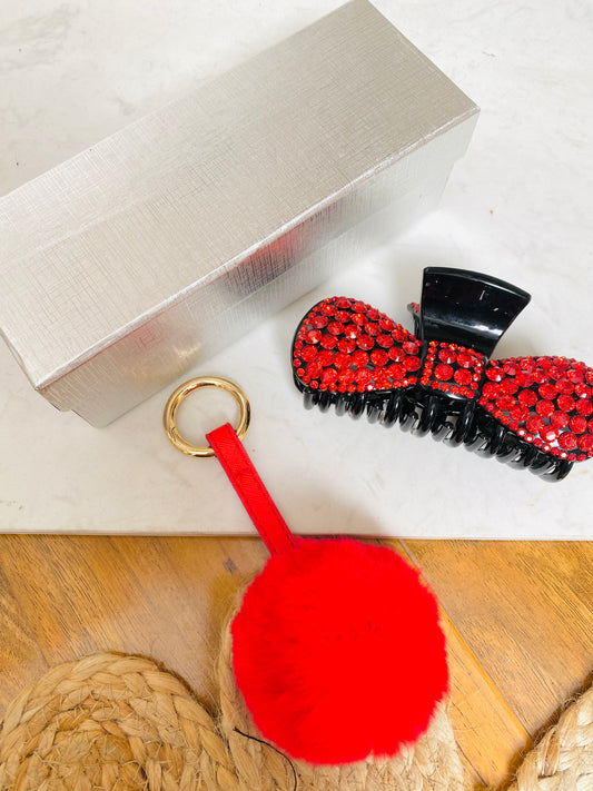 BUNDLE 11 - Boxed Red Diamante Claw Clip & Pom Pom Keyring