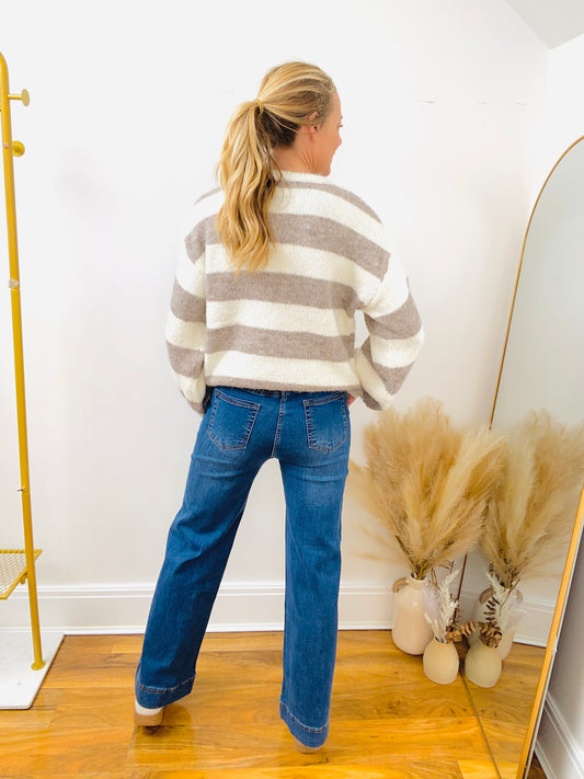 NANCY - Ivory Striped Wool Jumper With Flower Detail By Wild Flower