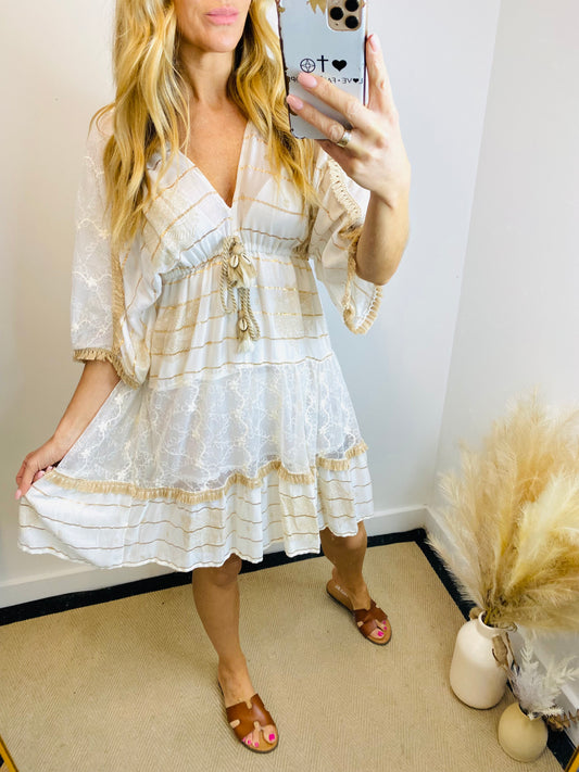 XALIA - Boho Kimono Style Dress In Cream & Gold
