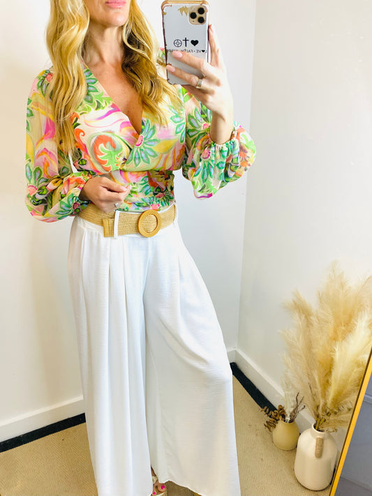 ADLEY - Tropical Print Wrap Style Long Sleeve Top In Green