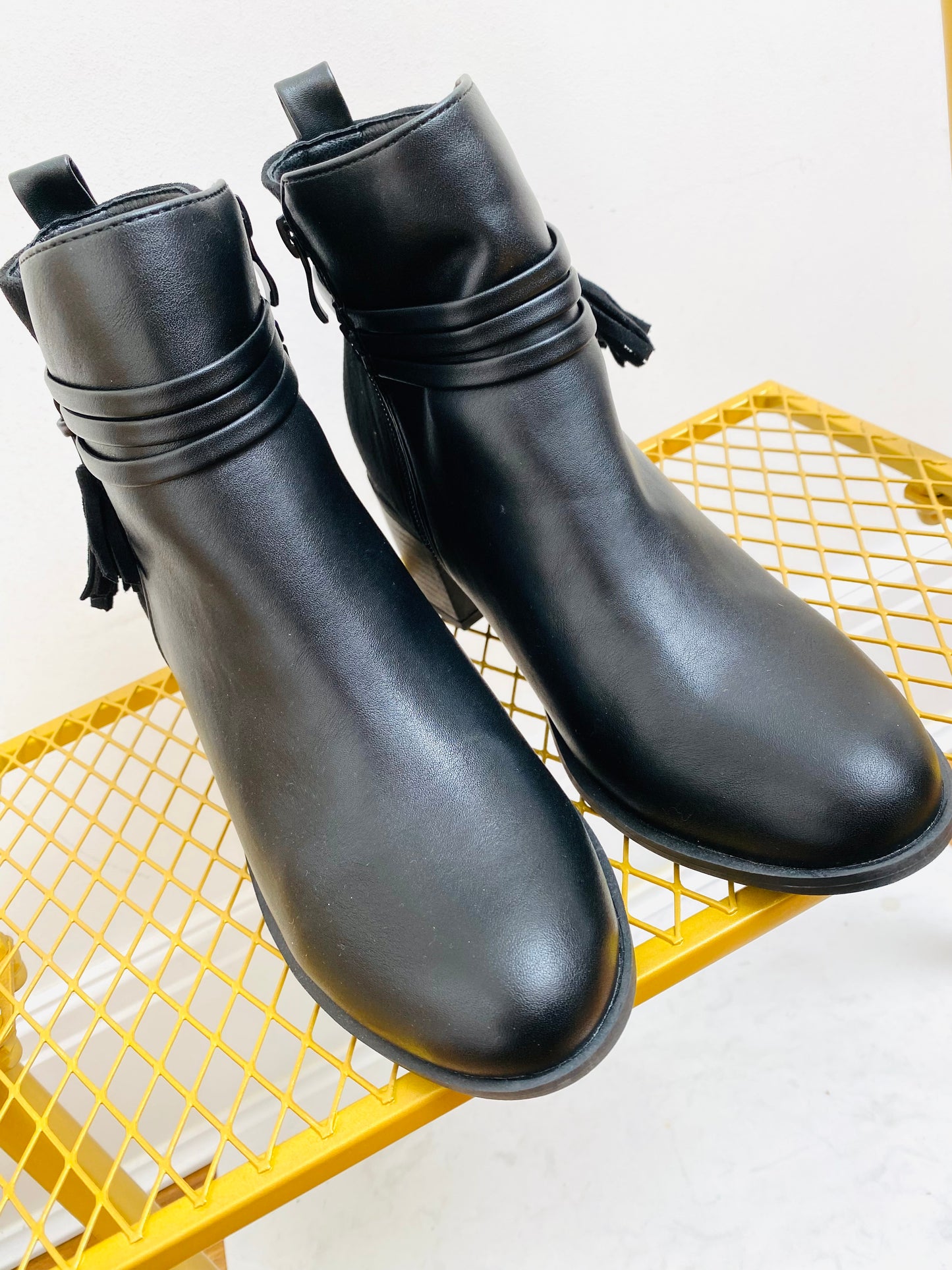 URBAN - Black Faux Leather & Suede Tassel Ankle Boot