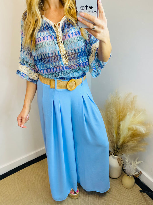 LOXLEY - Belted Wide Leg Trouser In Pale Blue