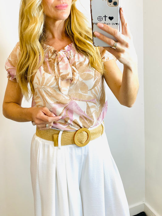 PIPPA - Tropical Print Bardot Top In Tan