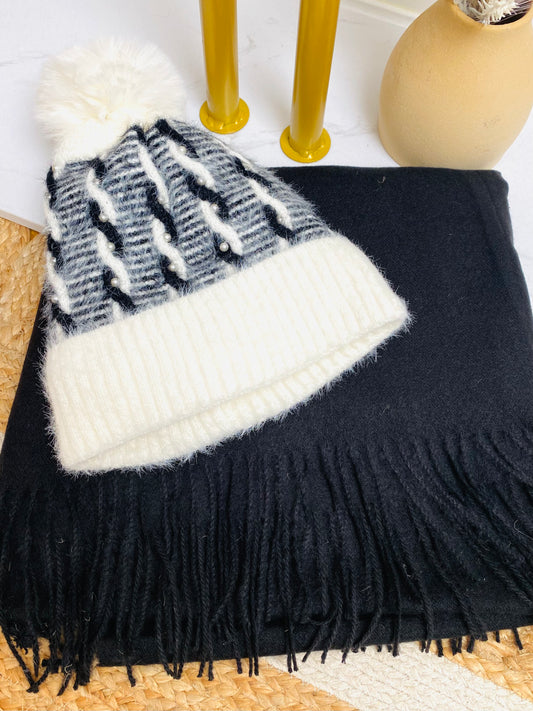 BUNDLE 4 - White & Black Pearl Hat & Plain Black Scarf