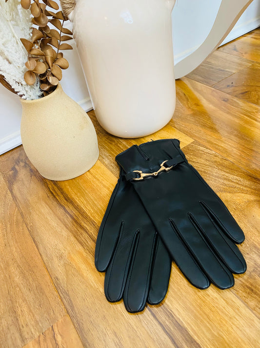 BLACK FAUX LEATHER GLOVES WITH GOLD DETAIL