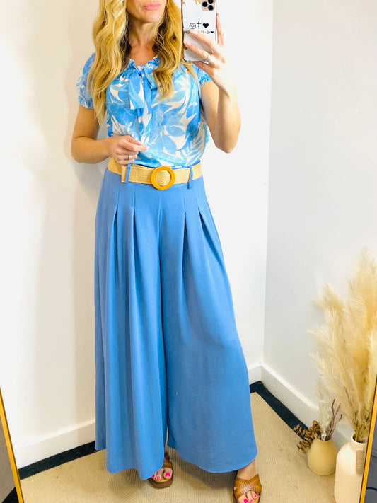 PIPPA - Tropical Print Bardot Top In Blue