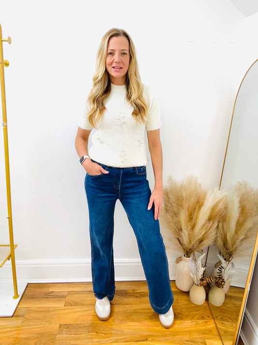 PENELOPE - Dark Blue Denim Wash Drawstring Waist Wide Leg Jeans By G-Smack