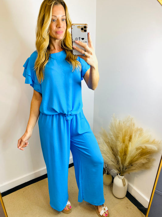 AIMEE -  Tie Top Short Sleeve Necklace Co-ord Set In Blue