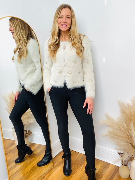 OLIVIA - Diamante & Pearl Super Fluffy Cardigan In Beige (CLEARANCE)