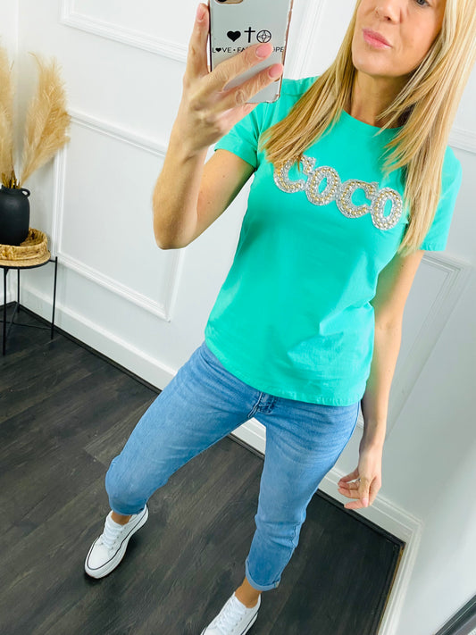 COCO - Green Fitted Style Diamante T-Shirt