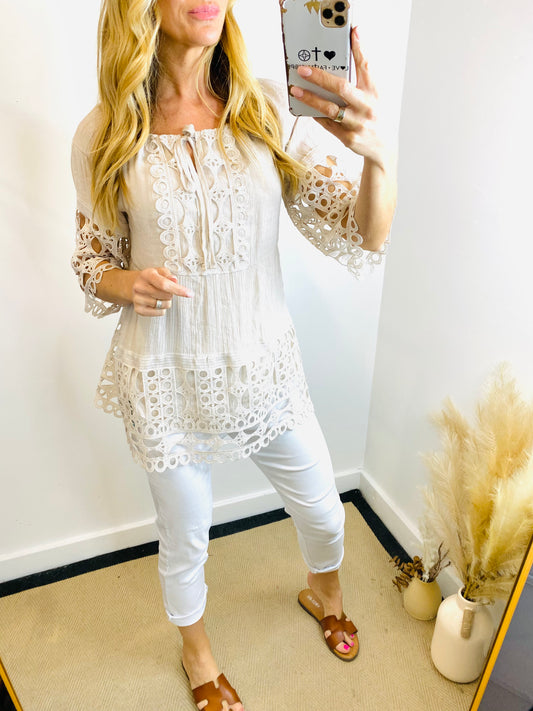EBBA - Crochet Smock Style Top In Oatmeal
