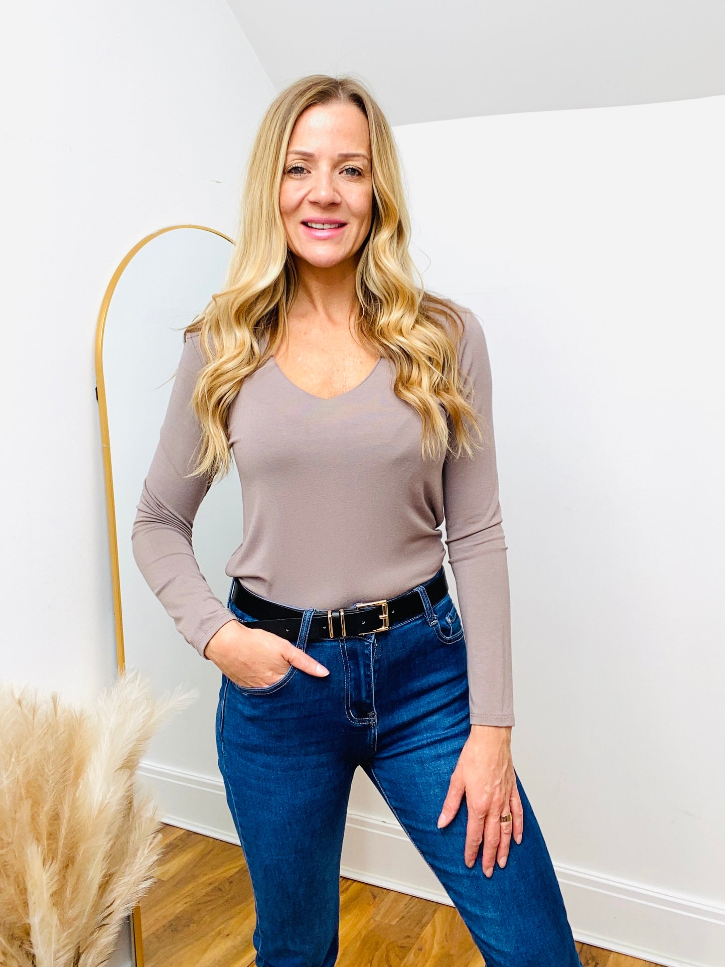 MAISE - Mocha Long Sleeved V neck Double Layer Top