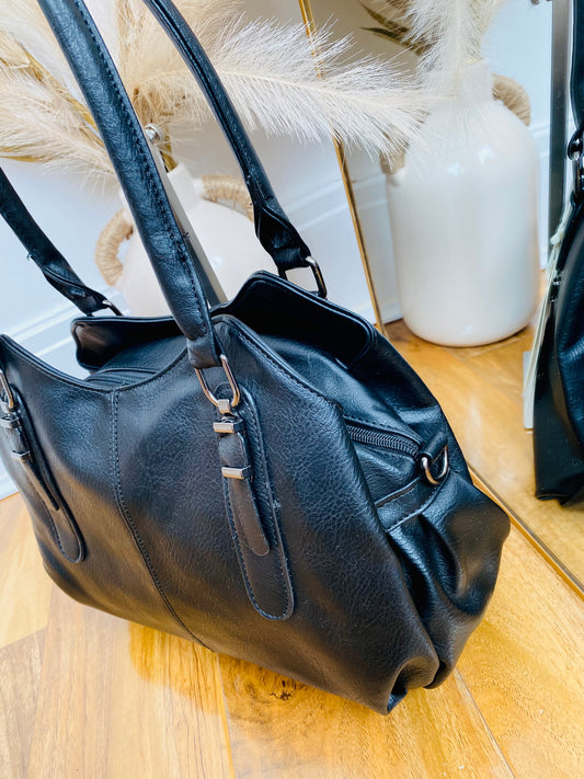 YANA - Black Faux Leather Triple Compartment Shoulder Bag