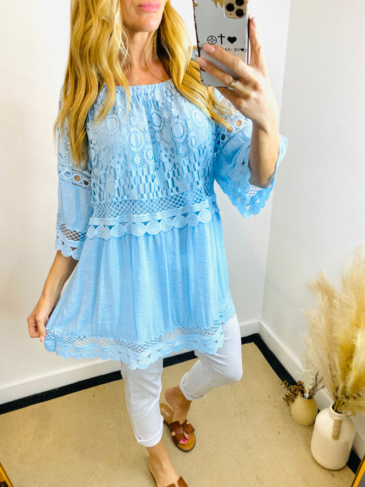 JAYA - Crochet Bardot Top In Blue