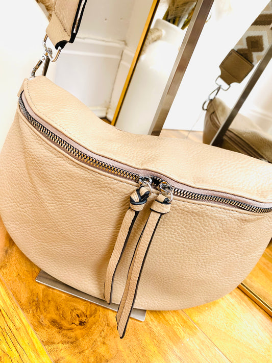 CASSEY - Beige Faux Leather Cross Body Bum Bag With Canvas Strap